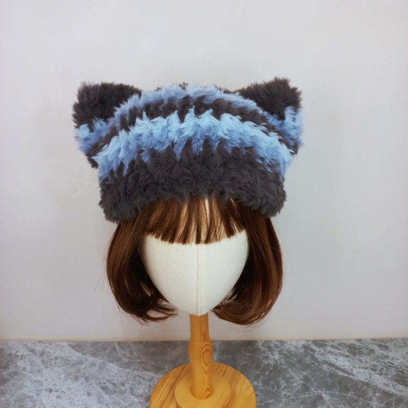 Fluffy Soft Cat Ear Hat | Fur Yarn Hat | Hand-Crocheted Knit Hat - Hats & Caps - Other Man-Made Fibers Blue