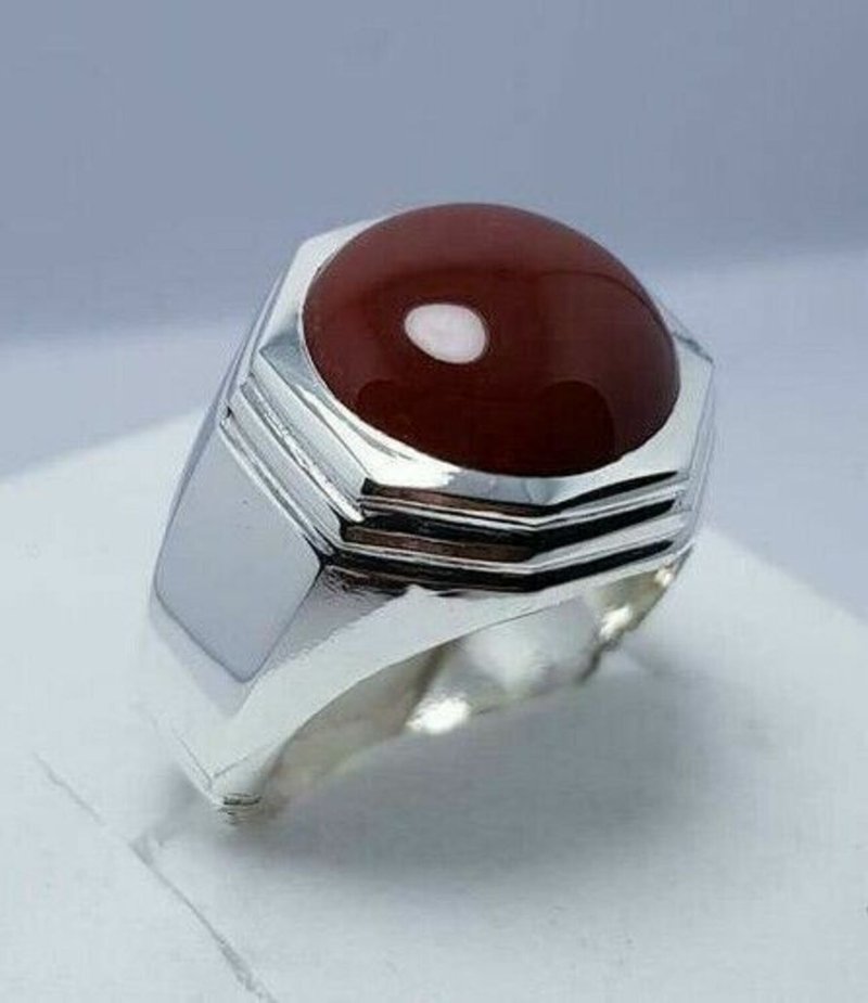 Brown Red Round Shape Aqeeq Ring Sterling Silver Jewelry Mens Handcrafted Ring - แหวนทั่วไป - เครื่องเพชรพลอย สีแดง