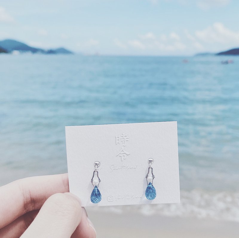 。藍の岬 Aqua brine。海之淚。切面水滴天然托帕石s925手工耳環 - 耳環/耳夾/耳骨夾 - 水晶 藍色