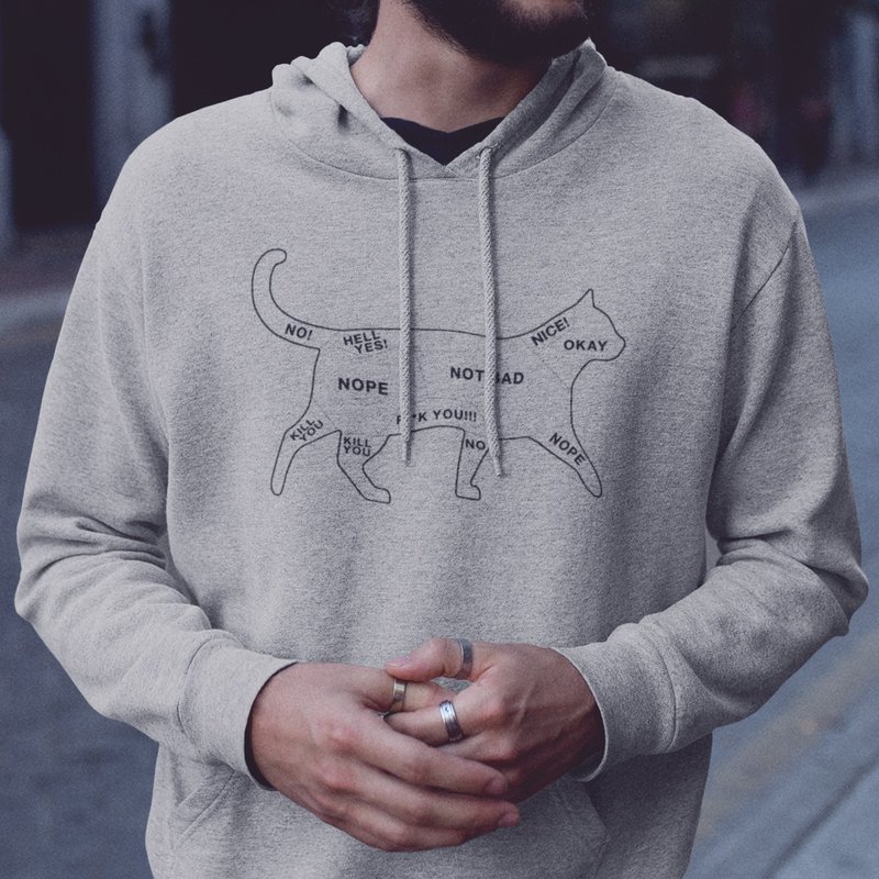 Cat Petting 刷毛帽T 中性版 灰色  貓咪撫摸注意事項文青禮物 - 帽T/大學T - 棉．麻 灰色