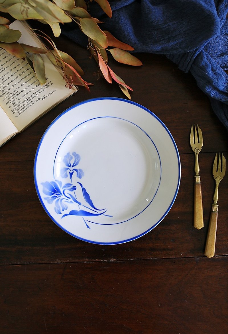 フランスのアンティークの古い花のプレートNo.3フランスのアイリスの花のアンティークプレート - 皿・プレート - 陶器 ブルー