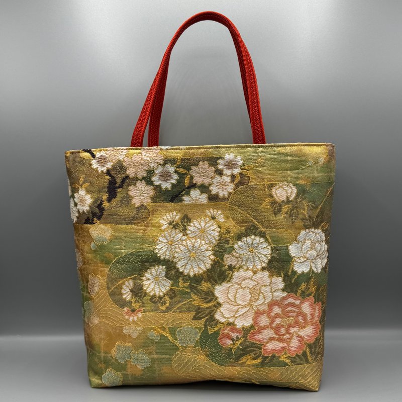 着物 帯 帯締め ハンドメイド トートバッグ リメイク 金 桜 梅 もみじ - 手提包/手提袋 - 絲．絹 金色