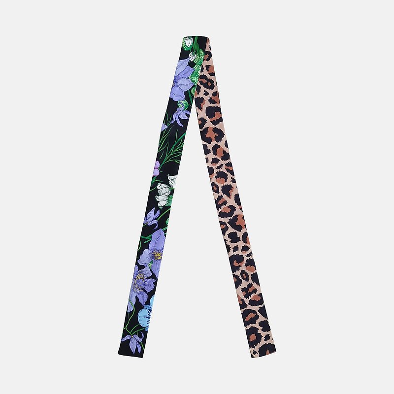 豹紋花卉拼接::100%桑蠶絲真絲窄領巾/絲巾/飄帶/包柄帶/髮帶 - 絲巾 - 絲．絹 藍色