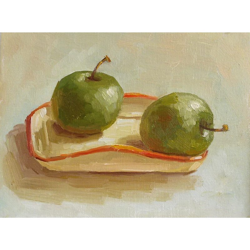 ภาพวาดแอปเปิ้ล,ผลไม้ดั้งเดิมศิลปะน้ำมันขนาดเล็กงานศิลปะแผ่นผลไม้ยังคงชีวิต - โปสเตอร์ - วัสดุอื่นๆ สีเขียว