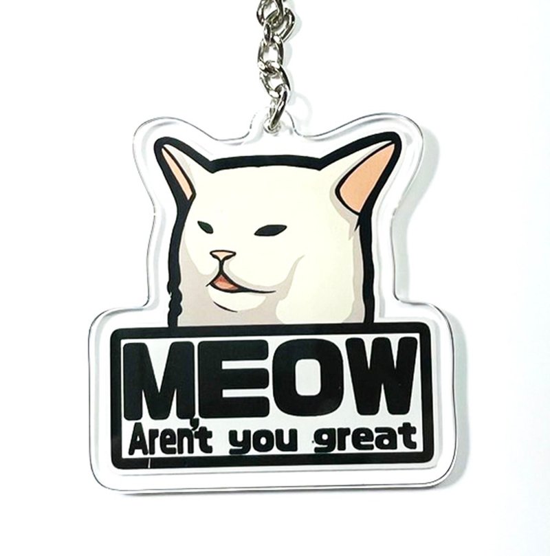 Meme Keychain Woman Roaring Cat Meme Keychain Meme Charm Cat Keychain - พวงกุญแจ - อะคริลิค ขาว