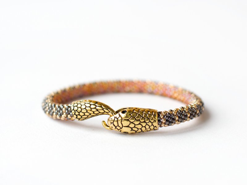 Snake bracelet, Snake jewelry for women, Ouroboros, Snake skin bracelet - สร้อยข้อมือ - แก้ว สีนำ้ตาล