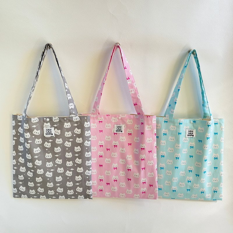 cat printed cotton tote bag - 手袋/手提包 - 棉．麻 灰色
