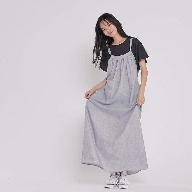 Jolly Pocket Suspender Skirt / Rock Grey - ชุดเดรส - ผ้าฝ้าย/ผ้าลินิน สีเทา
