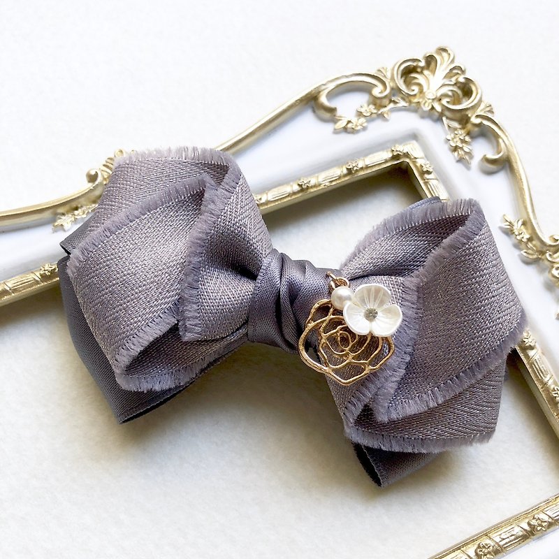 Golden Can Rose Elegant Bow Spring Clip / Iron Grey - Hair Accessories - Other Materials Gray