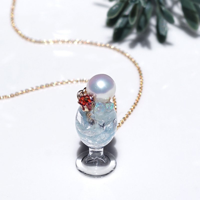 Gemstone Cream Soda Necklace - Aquamarine, Opal, Garnet - สร้อยคอ - เครื่องเพชรพลอย สีน้ำเงิน