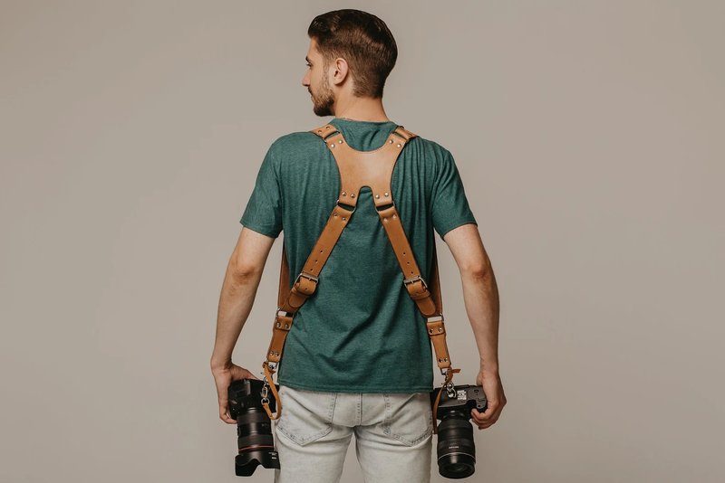 Dual Shoulder Leather Harness, Straps width 40mm Multi Camera Gear, Perso - Belts - Genuine Leather Brown