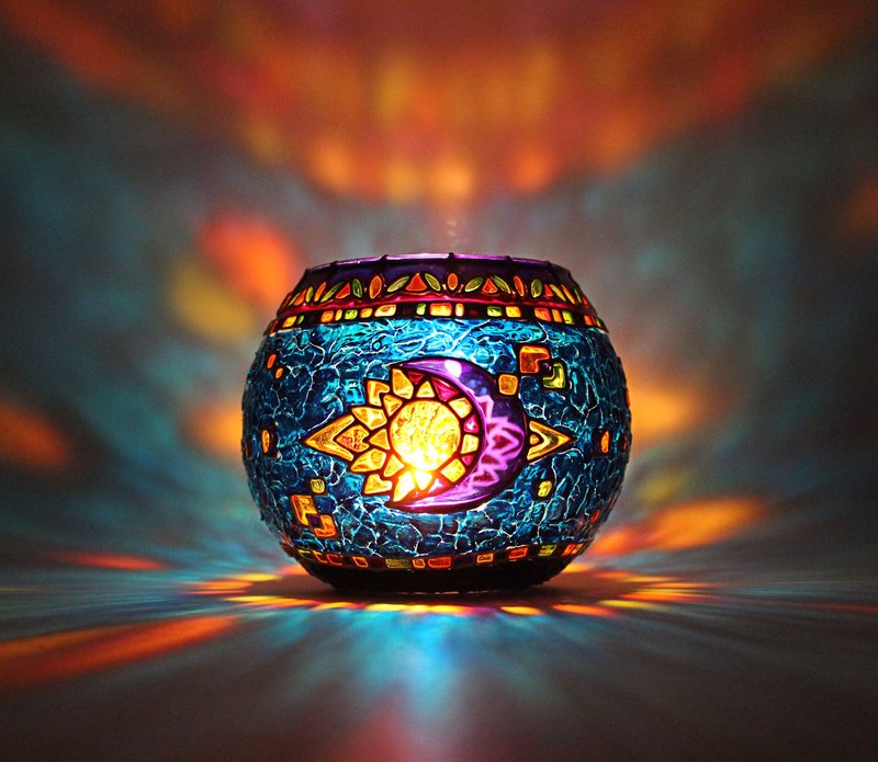 Sun & Moon Glass Candle Holder Deep Blue Eye Votive Tealight Holder Hand-Painted - 香氛蠟燭/燭台 - 玻璃 藍色