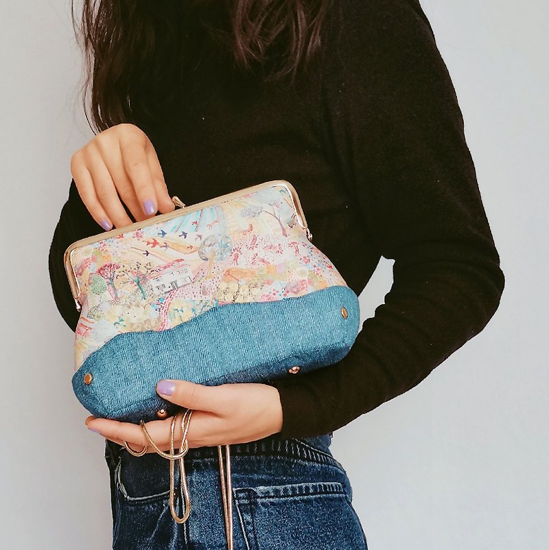 Pastoral dream print stitching clutch bag messenger bag gift travel - Clutch Bags - Cotton & Hemp Pink