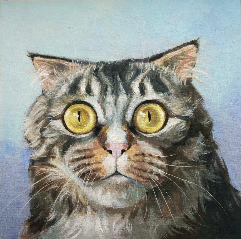 Original oil painting on canvas Portrait of a gray cat with big eyes Animalistic - Wall Décor - Other Materials Multicolor