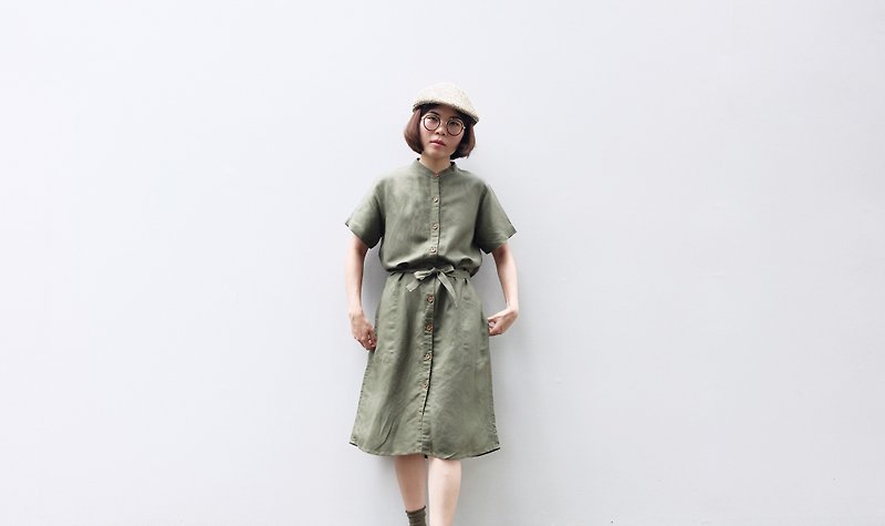 Mandarin Ribbon Dress ( MAY Dress ) : Green linen - 洋裝/連身裙 - 棉．麻 綠色