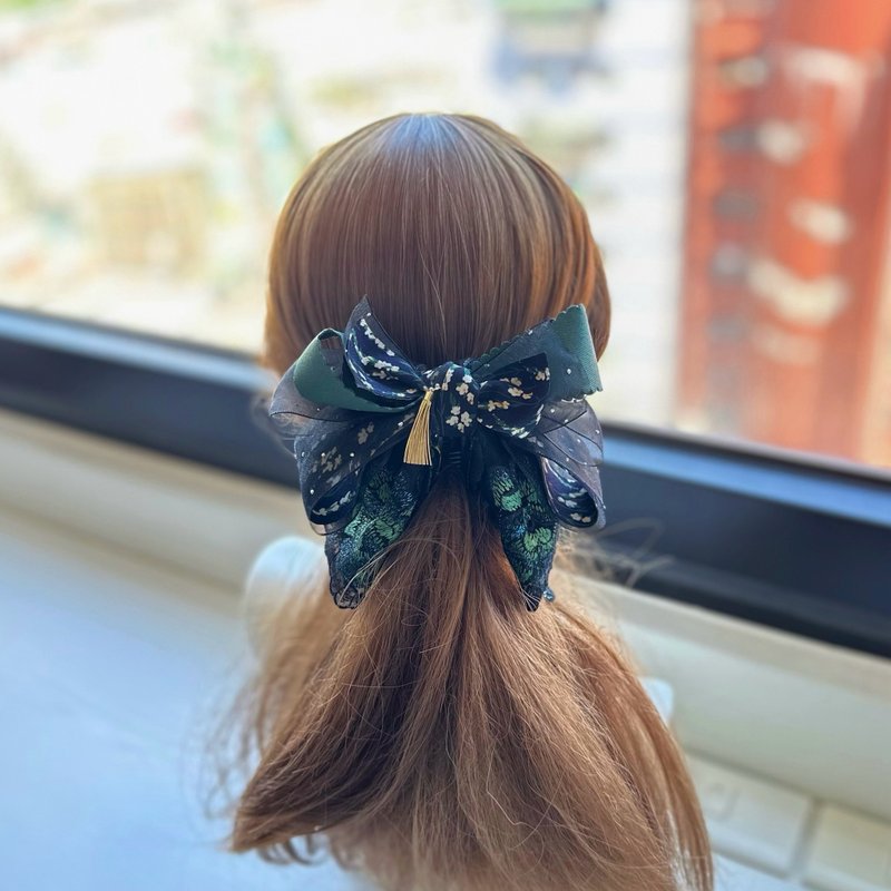 燙鑽紗蕾絲蝴蝶結相交夾香蕉夾仙女夾髮夾-深綠色 - 髮夾/髮圈 - 其他材質 綠色