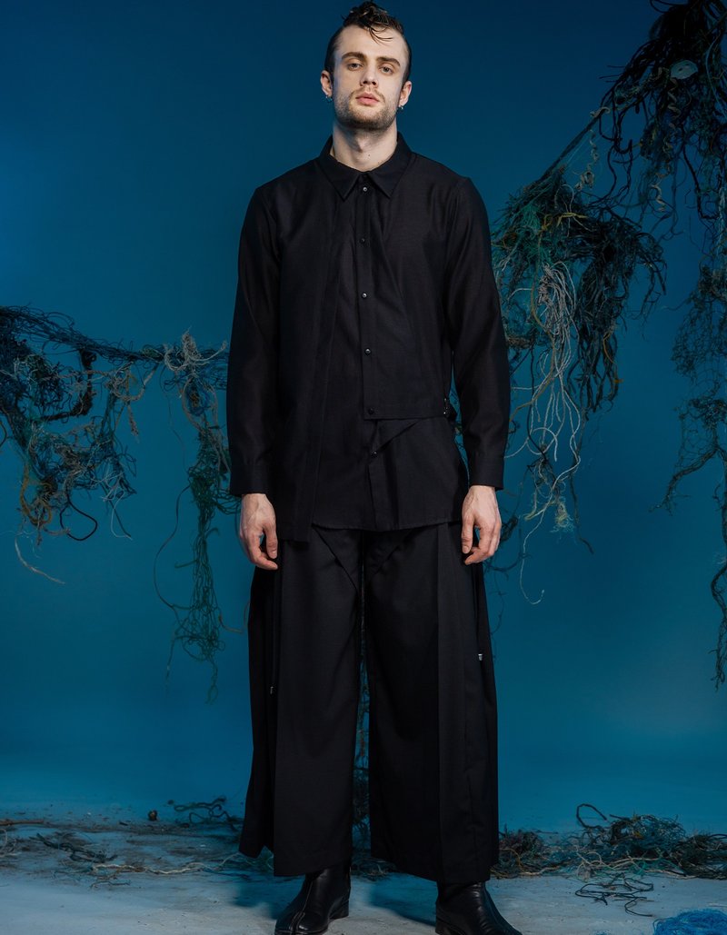 長袖襯衫/假兩件/不對稱/23AW-INF - 男襯衫/休閒襯衫 - 其他人造纖維 黑色