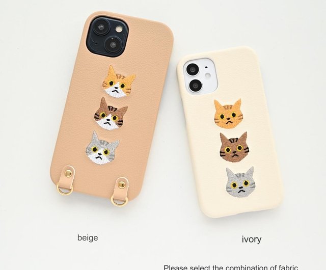 多機種対応 スマホケース 【 刺繍 まるっと 3匹の猫 】 スマホショルダー ねこ ネコ ペット アニマル A235I - ショップ かもめ工房  スマホケース・カバー - Pinkoi