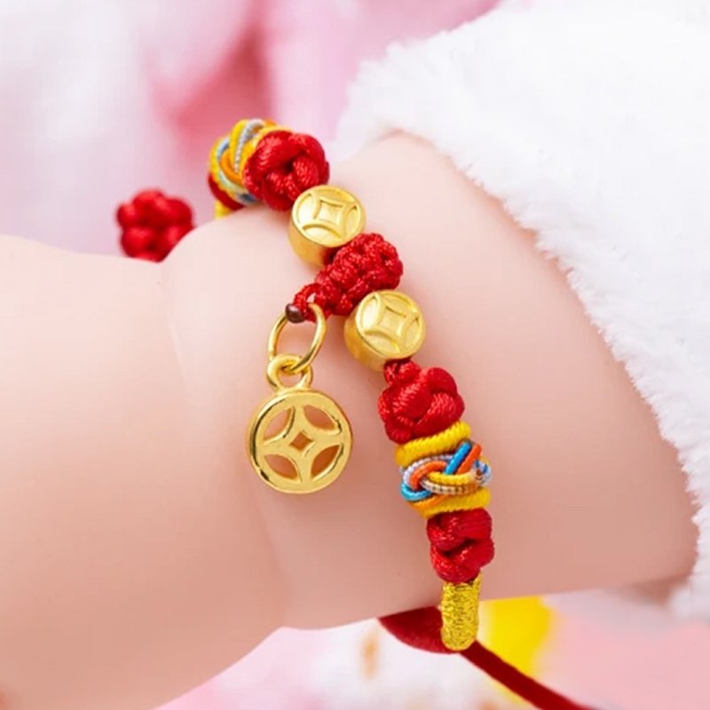 [Children's painted gold ornaments] Red string bracelet for children of wealth and fame, weighing about 0.13 yuan (half-month gold ornaments) - Baby Gift Sets - 24K Gold Gold