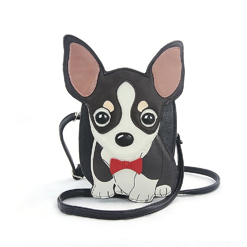 Sleepyville Critters - Chihuahua with Bow Tie Crossbody Bag - กระเป๋าแมสเซนเจอร์ - หนังเทียม สีดำ