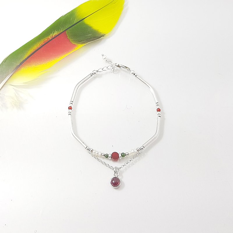 Bird language red pomegranate sterling silver bracelet - สร้อยข้อมือ - เครื่องเพชรพลอย สีแดง