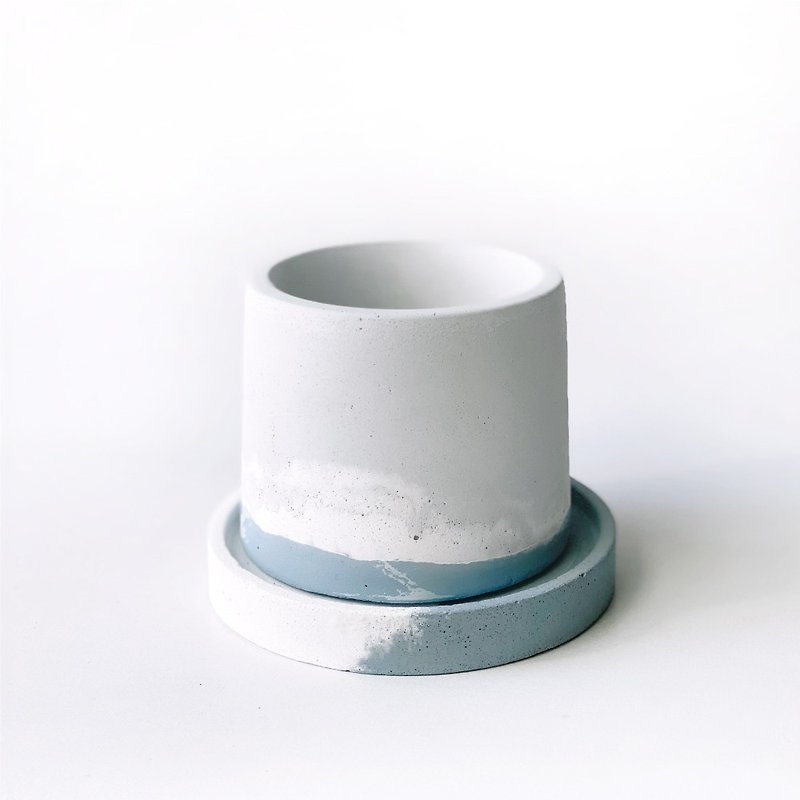 (預購) 莫蘭迪藍系列兩件組 | 圓形三色不規則水泥盆器+底盤 - 花瓶/陶器 - 水泥 藍色