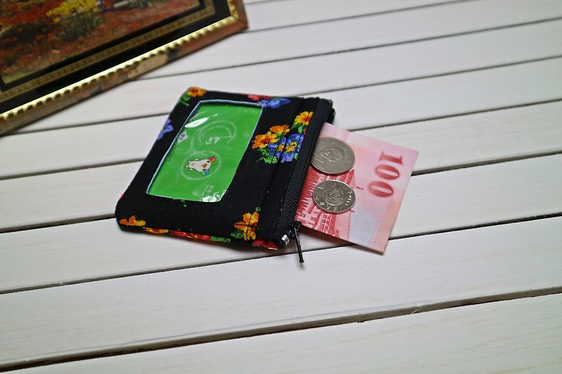 Black Flower Card Card Voucher Coin Purse Zipper Coin Bag Name Card Holder Identification Card*SK* - ที่ใส่บัตรคล้องคอ - ผ้าฝ้าย/ผ้าลินิน สีดำ