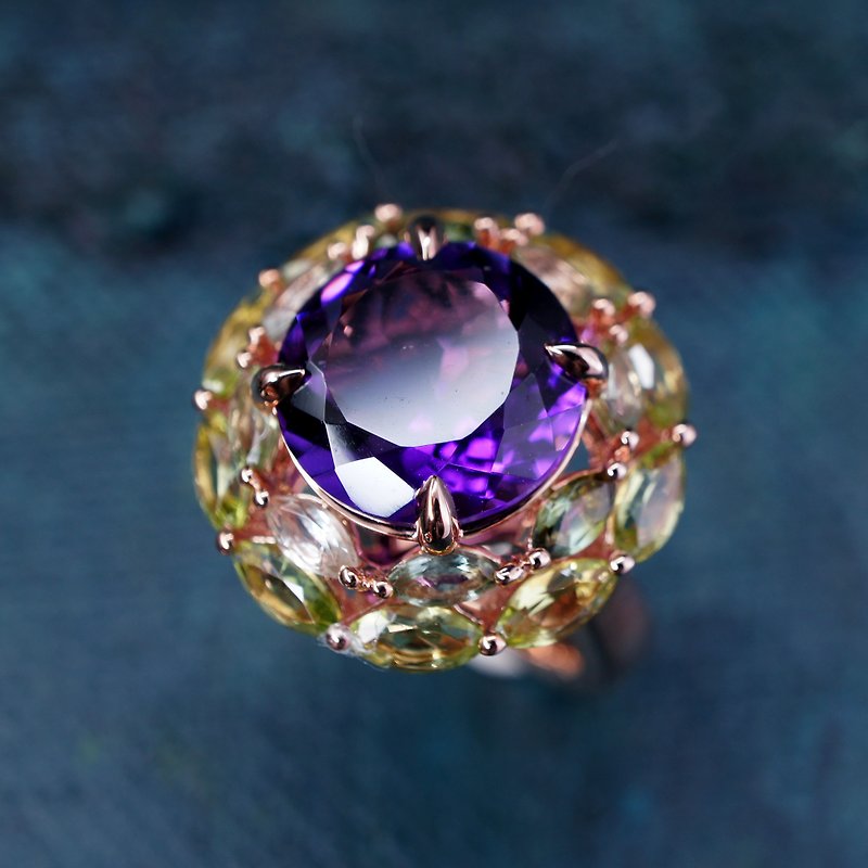 花園 - 紫水晶 配 碧茜 橄欖石 純銀 電18K 玫瑰金 戒指 - 戒指 - 寶石 黃色