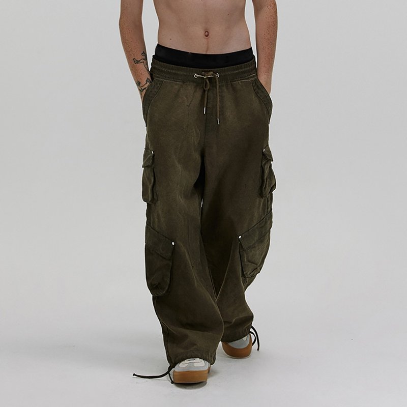 MOKACME 23FW autumn and winter original design fried color washed multi-pocket cargo trousers - กางเกงขายาว - ผ้าฝ้าย/ผ้าลินิน สีเขียว