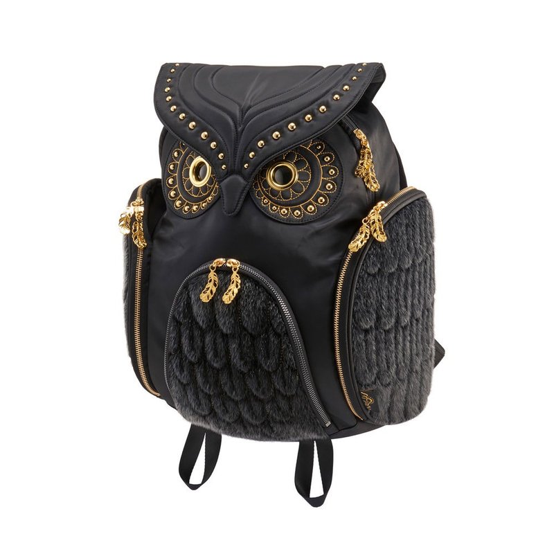 Morn Creations 貓頭鷹後背包-黑色皮草鉚釘(L) - 後背包/背包/書包 - 其他材質 黑色