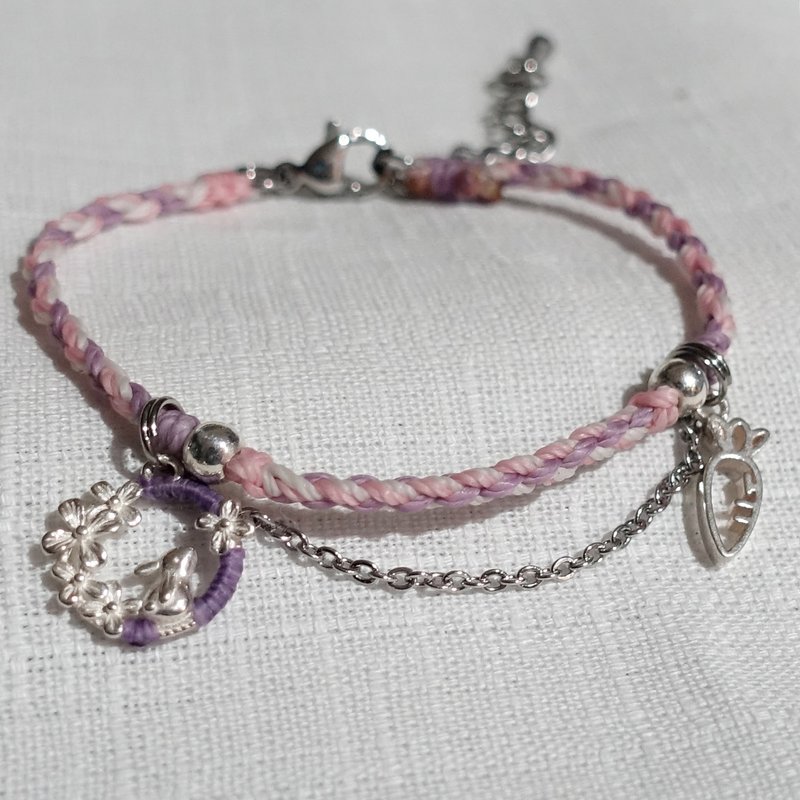 Handmade Wax wire bracelet│Sterling silver rabbit wreath pendant chain│Carrot Stainless Steel braided waterproof - Bracelets - Other Materials Pink