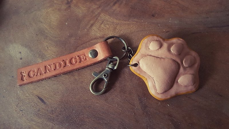 可愛毛小孩肉球純牛皮鑰匙圈- 可刻字(訂做情人、生日送禮) - 鑰匙圈/鎖匙扣 - 真皮 橘色