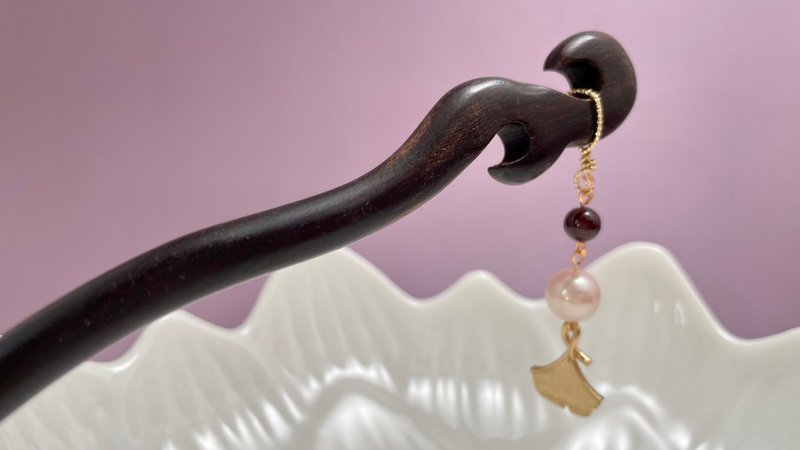 National style hairpin natural freshwater pearl ebony Stone wood hairpin - เครื่องประดับผม - ไข่มุก สึชมพู