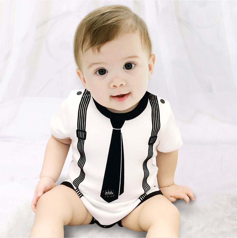 PUREST Little Gentleman's Tie White Short Sleeve Baby Newborn Baby Ass Jumpsuit - ชุดทั้งตัว - ผ้าฝ้าย/ผ้าลินิน 