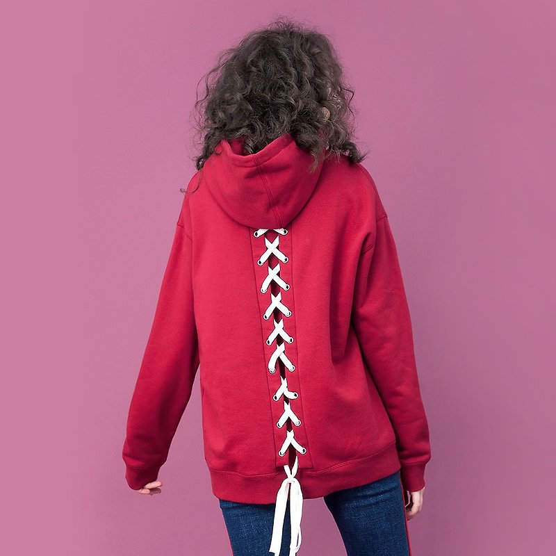 UNISEX LACE-UP BACK HOODIES - เสื้อผู้หญิง - ผ้าฝ้าย/ผ้าลินิน สีแดง