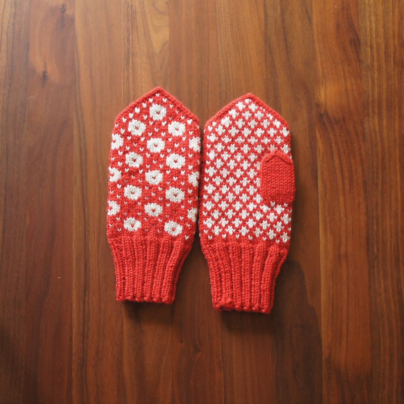 伝統北欧柄のミトン　朱色×ホワイト - 手套/手襪 - 羊毛 紅色