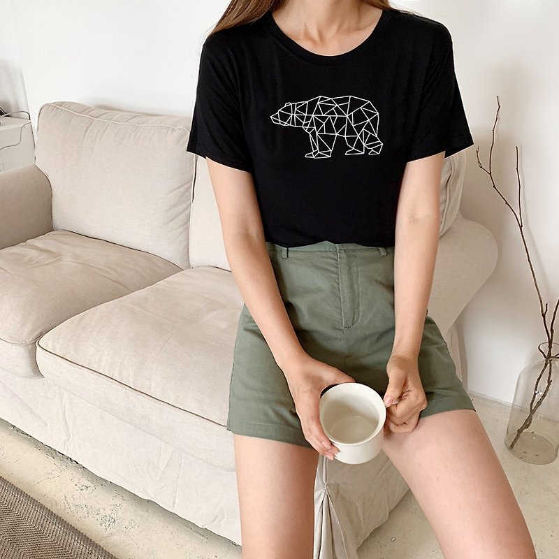 Bear Geometric 男女短袖T恤 黑色 幾何 熊 禮物 文青 情人 設計 - 女 T 恤 - 棉．麻 黑色