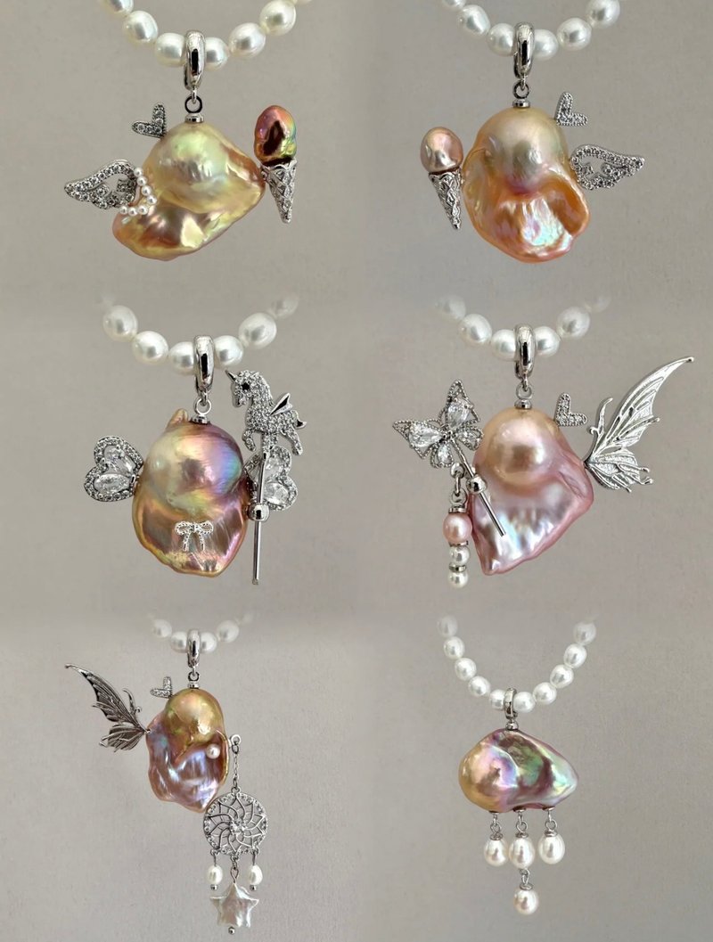 YuanPearl Natural Wild Metallic Baroque Pearl Original Monster Ice Cream Pearl Pendant - สร้อยคอ - ไข่มุก ขาว