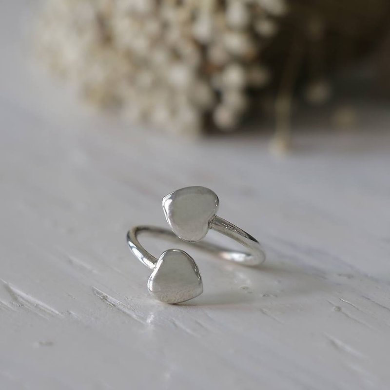 mini heart Minimal ring two double tiny women Girl silver sterling thin modern - 戒指 - 其他金屬 銀色