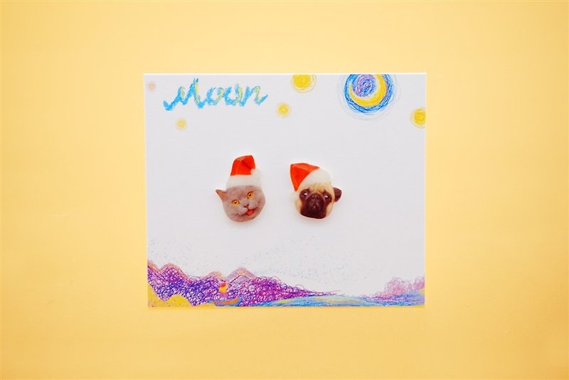 MoonMade Original Handmade Stud Earrings Christmas Cat and Dog Earrings Stud Earrings Miniature Cat and Dog with Christmas Hat Stud Earrings - Earrings & Clip-ons - Other Materials Multicolor