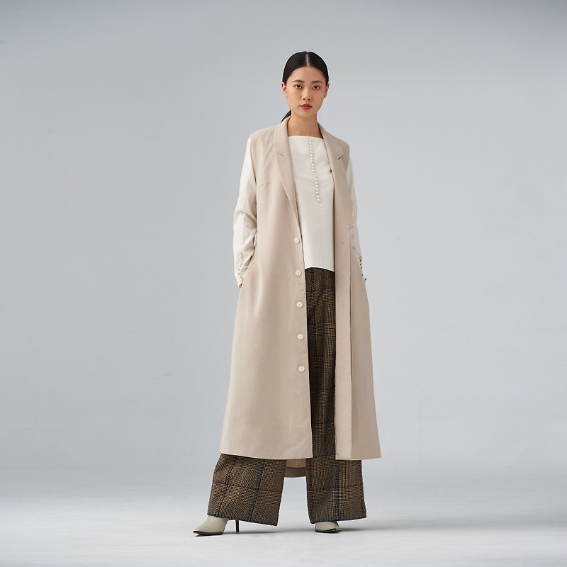 Khaki wool-twill long vest - Women's Blazers & Trench Coats - Wool Khaki