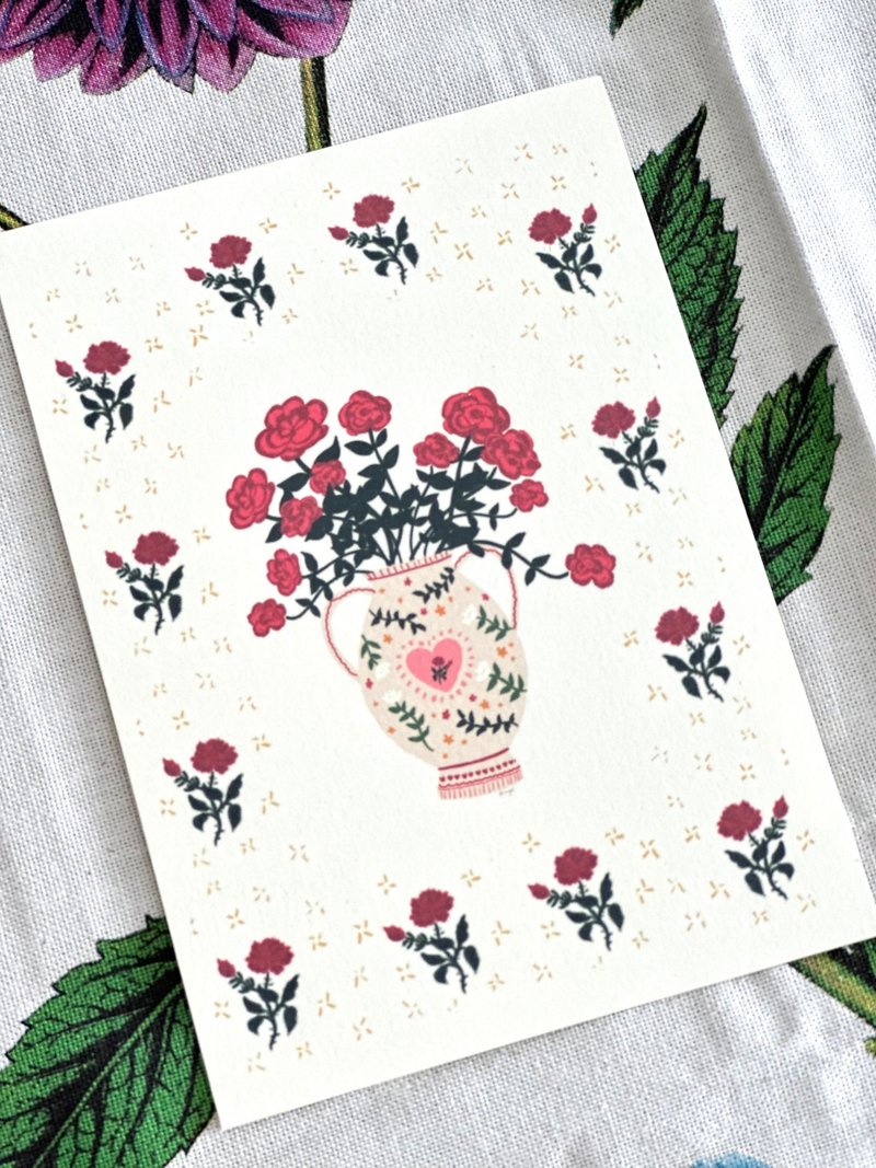 A6 Vase of Red Roses Valentines Day Card Gift Card Thank You Card Post Card - การ์ด/โปสการ์ด - กระดาษ ขาว