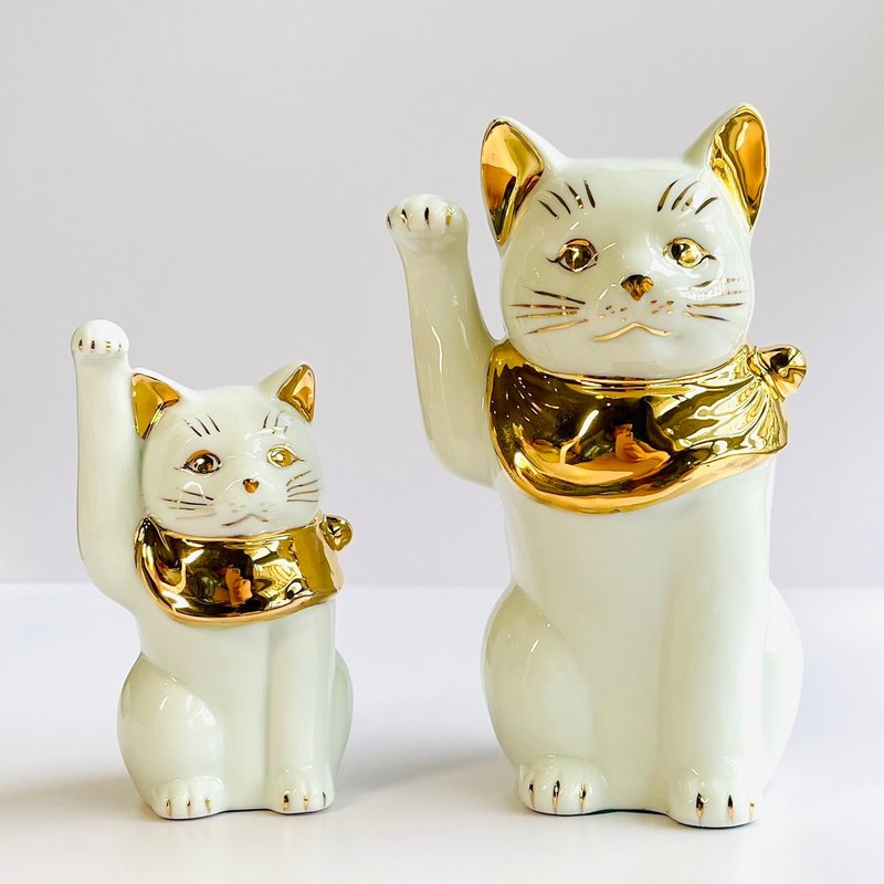 Seto Ware-Lucky Gold Scarf Pure White Lucky Cat-13cm/19cm - Items for Display - Porcelain White