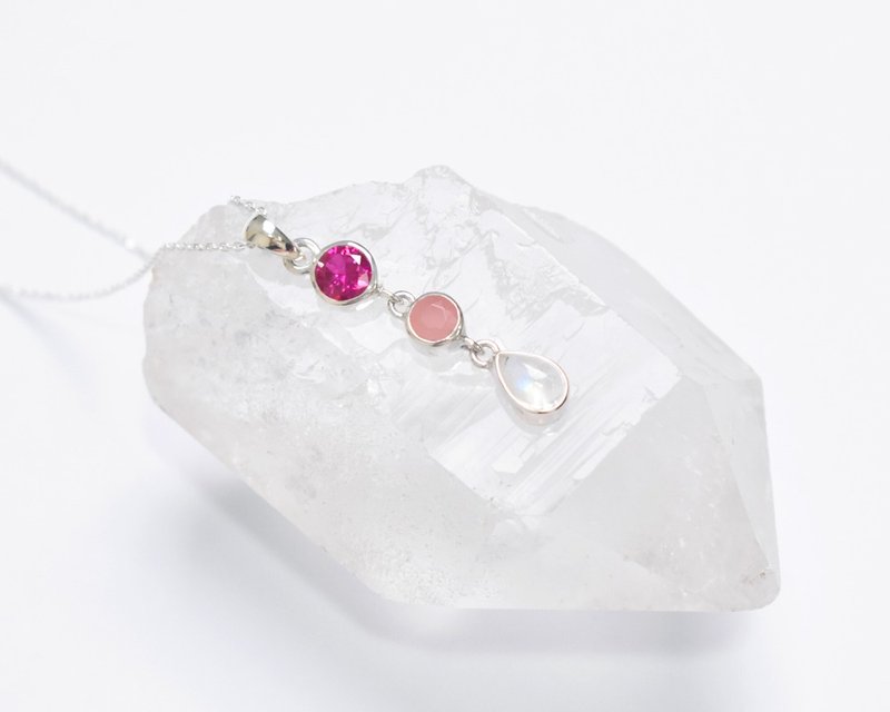 Ruby, rainbow moonstone, guava quartz silver necklace - Necklaces - Gemstone Pink