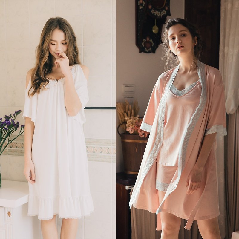 [Two-piece group - dress + robe] home service Hush tenderness Christmas - white and pink - Loungewear & Sleepwear - Cotton & Hemp Pink