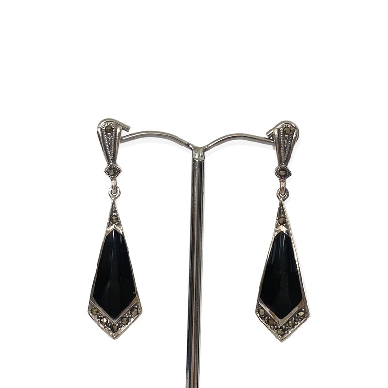 Art Deco Style Triangle Drop Earrings Black Onyx & Marcasite 925 Sterling Silver - 耳環/耳夾/耳骨夾 - 純銀 黑色