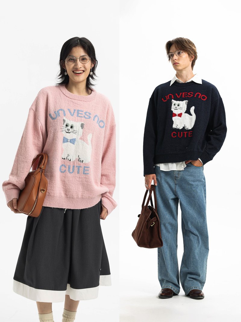 Second-hand funny cat pattern jacquard wool round neck men's and women's knitted sweater Unvesno (UN) - Men's Sweaters - Other Materials 