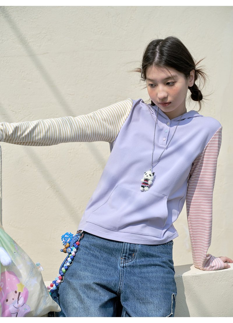 odd maker ストライプ配色コットンフーディ長袖Tシャツ レディース 春 カジュアル パーカー インナー トップス - トップス - コットン・麻 