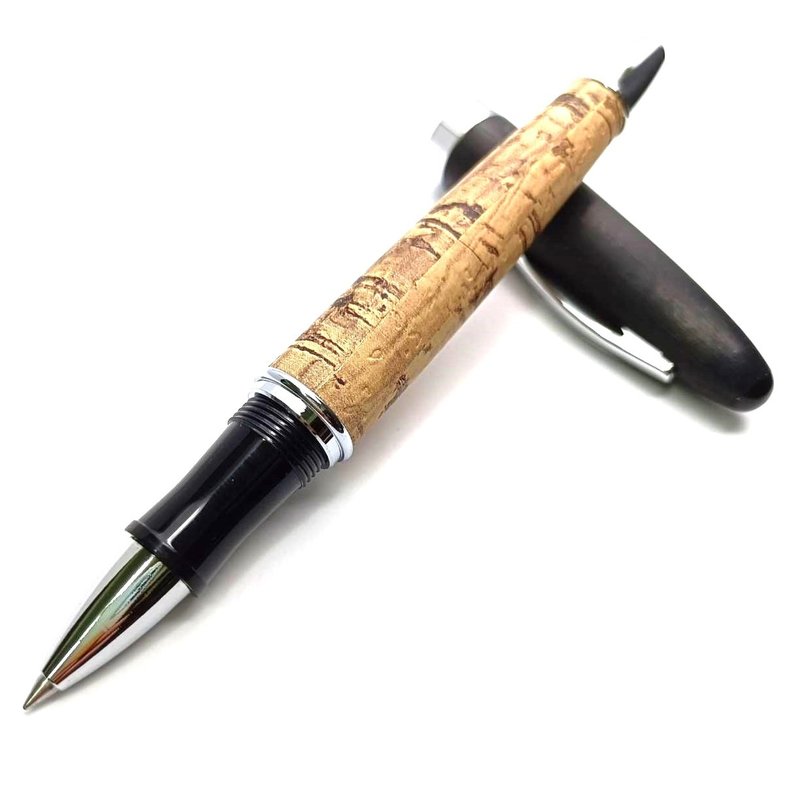 Hair matt black cork grain leather pen with screw thread in the cap steel ball pen with pen case Tiger Crane - Rollerball Pens - Other Materials 