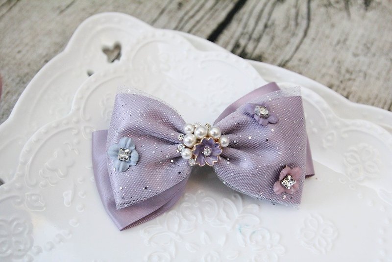 Sweet House romantic purple flower bow French clip limited handmade - เครื่องประดับผม - ผ้าฝ้าย/ผ้าลินิน สีม่วง